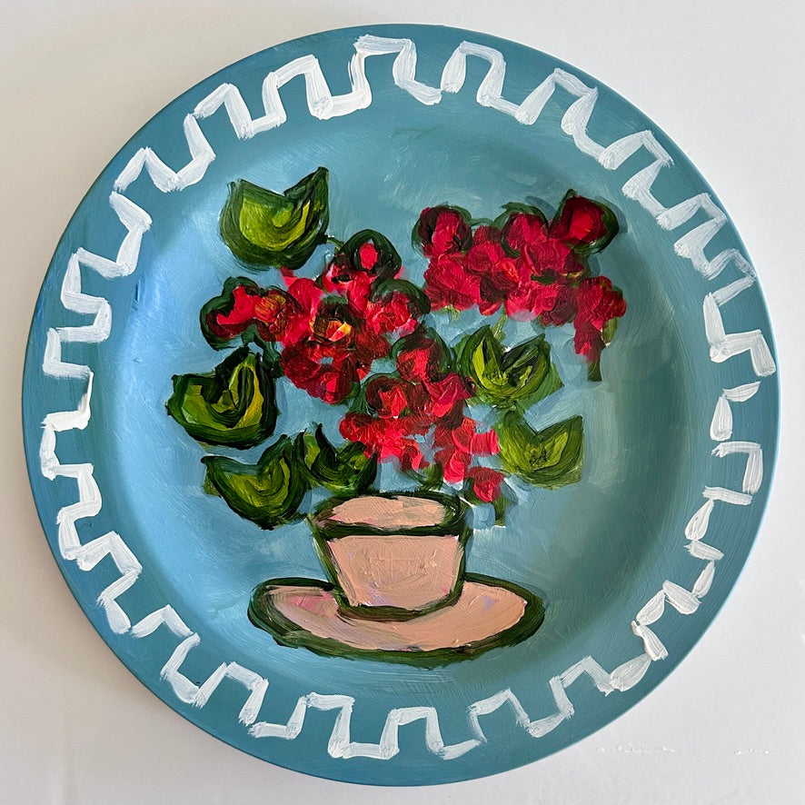 Hand-painted Original Still Life Plate, Blue Geranium