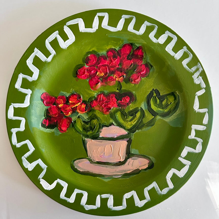 Hand-painted Original Still Life Plate, Green Geranium